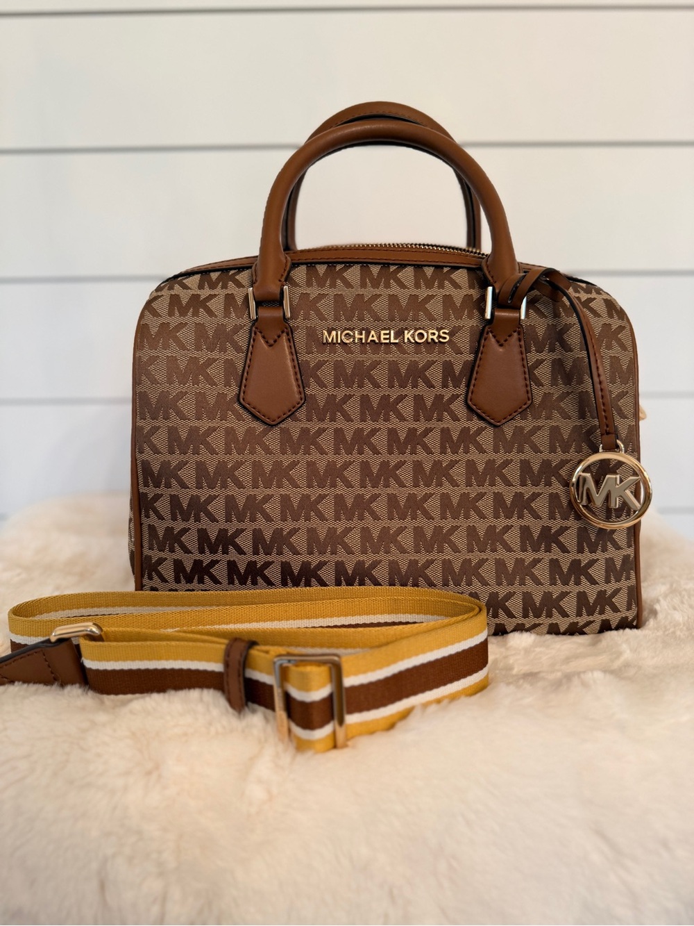 Michael Kors Brown MK Logo Dome Satchel with Yellow Stripe Strap